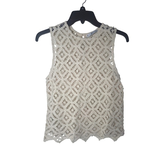 Mango Tops - Mango MNG Womens Medium Cream Crochet Geometric Sleeveless Scalloped Hem Top